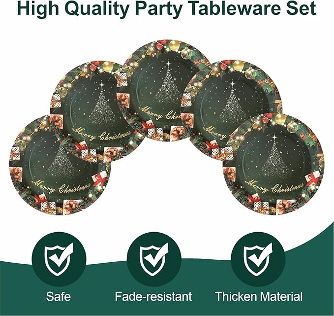 Christmas Paper Plates, 40pcs Party Paper Plate Set Disposable Christma Party Food Dinner Dessert Plates Tableware Decorations Favors, Including 20pcs 9" and 20pcs 7" for Christmas Plate