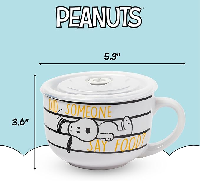 Silver Buffalo Peanuts Snoopy and Woodstock Did Someone Say Food Ceramic Soup Mug with Vented Plastic Lid, 24 Ounces