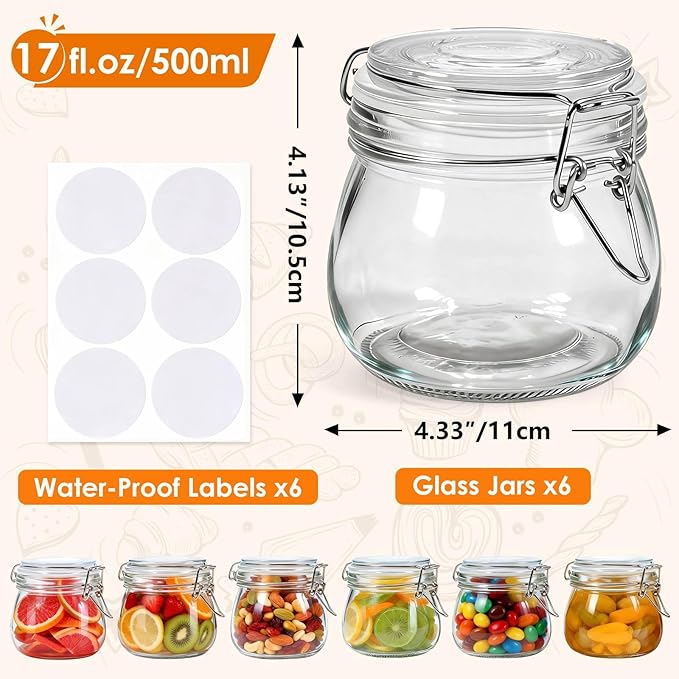 SKOCHE 17oz Glass Jars with Airtight Lids 6 Pack, Air Tight Glass Storage Jar, Leakproof 17 oz Jars with Seal Wire Clips for Pickling, Kitchen, Canning Jam, Food Storage, Preserving Nuts and Snacks