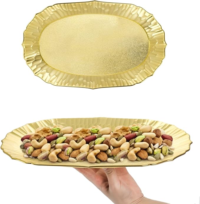 AVLA 6 Pack Plastic Serving Tray, Gold Serving Platter Set, Reusable Party Snack Serving Tray, Decorative Food Appetizer Platters for Dessert Table, Cupcake, Charcuterie, Cookies, 14" x 8.5"