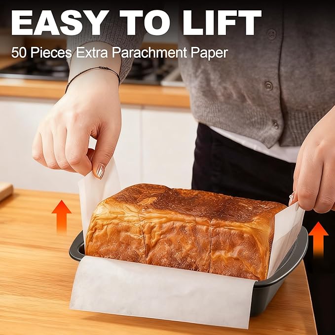 Non-Stick Loaf Pan with 50 Parchment Paper Liners, Premium Carbon Steel Bread Baking Mold for Homemade Bread, Toast, Pound Cake, Meatloaf, BPA Free, Dishwasher Safe, 10x5, 2-PACK