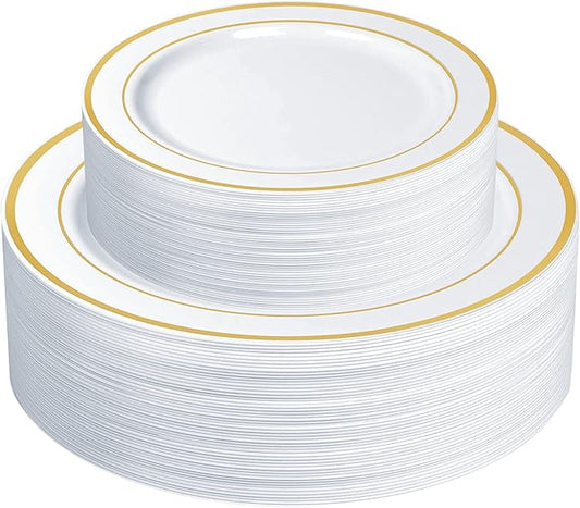 SETUP 60-Piece Gold Trim Plastic Dinnerware Set – 30 10.25" Dinner & 30 7.5" Salad Plates – Heavy-Duty Disposable for Weddings, Catering, Parties