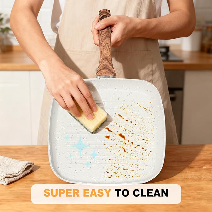 OLIXIS Nonstick Frying Pan Skillet Set, 3 Piece Square Grill Pans for Indoor Outdoor RV Camping Cooking, PFOA Free Skillet Set with Stay Cool Handle, Compatible with All Stovetops (9.5" 10" 11") White