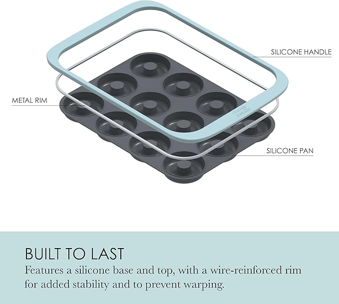Chicago Metallic 12-Cup Silicone Donut Pan, Nonstick Bakeware with Wire-Reinforced Rim, BPA-Free Food-Grade Silicone, Oven Safe to 428°F, Dishwasher Safe, Easy Donut Release