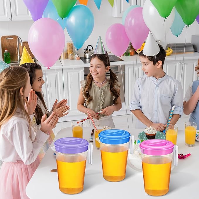 Honeydak 6 Pcs 70 Oz Round Clear Plastic Pitcher with Lid & Handle for Water Iced Tea Beverages (6 Packs Assorted Color) Jarras Para Aguas Frescas Plastic Pitcher for Easy Pouring
