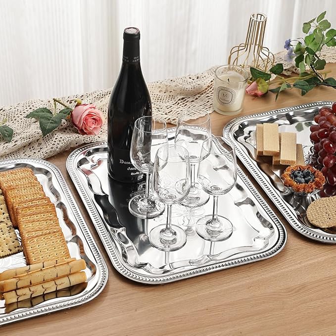 4-Pack 15.7" x 11.8" Silver Serving Trays for Party Set - Floral Engraved Serving Platters, Wedding Birthday Mirror Tray for Easter, Food, Appetizer, Charcuterie, Cookies, Desserts