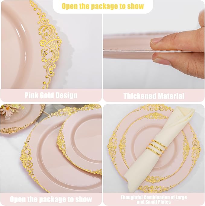 200PCS Pink and Gold Plates - Pink Plastic Plates - Fancy Disposable Plate with Gold Rim - Vintage Wedding Dinner & Dessert Plate Easter for 100 Guests for Wedding & Bridal Shower
