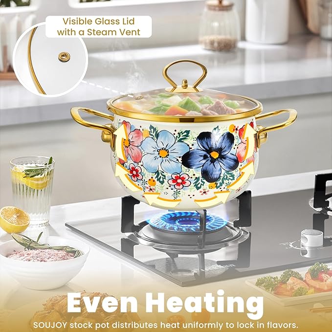 SOUJOY 3 Quart Enamel Cooking Pot with Glass Lid, Non-Stick Soup Pot with Handle, Vintage Floral Bean Stew Simmer Pot for Kitchen, Induction & Gas Stove Safe, Mother's Day, Wedding, Christmas Gift