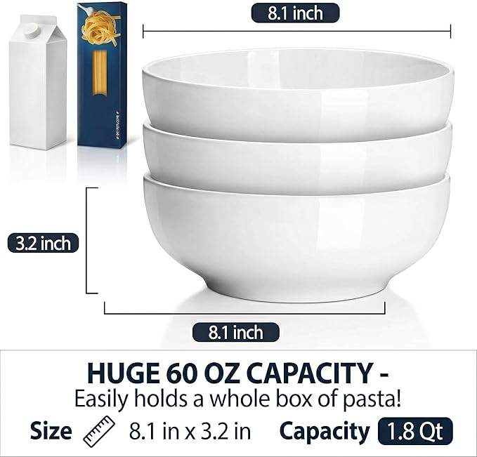DELLING 60 Oz Large Serving Bowls Set of 3, 8 Inch White Ceramic Mixing Bowls - Soup Salad Pasta Ramen Bowls for Kitchen, Microwave Dishwasher Safe, Porcelain