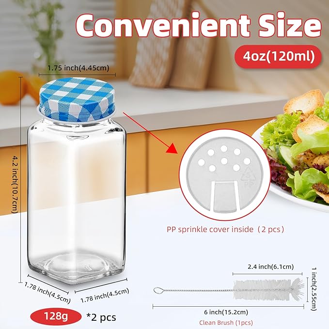 2Pcs 4oz Glass Spice Jars with Shaker Lids, Spice Jars Trial Set & Supplement Set, Empty Spice Containers and Square Spice Bottles for Kitchen (Blue grid iron Lids)
