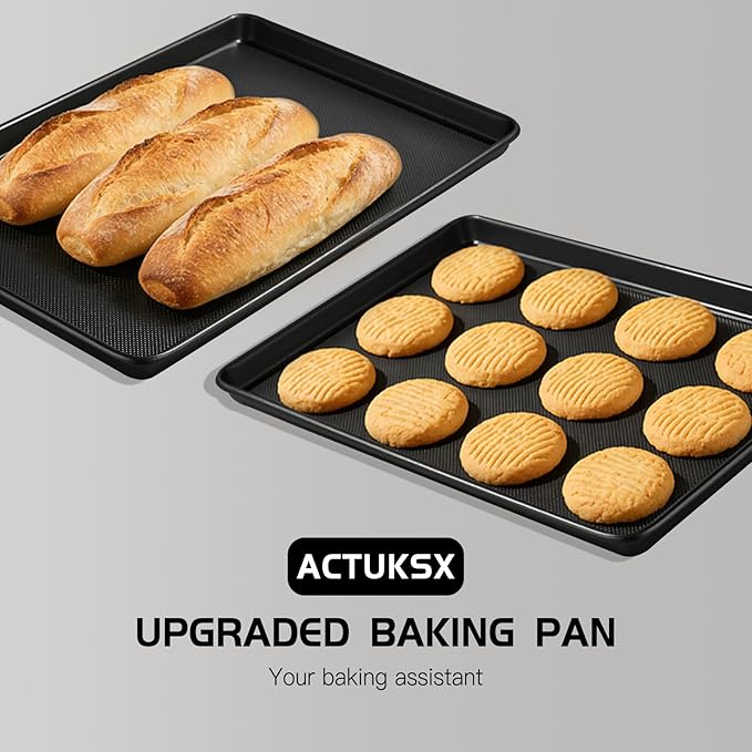 Nonstick Baking Sheet Set of 2, Carbon Steel Cookie Pans with Textured Surface – Oven Safe for Baking Cookies, Bread & Roasting (Black 17.5”x11.8”x1”)