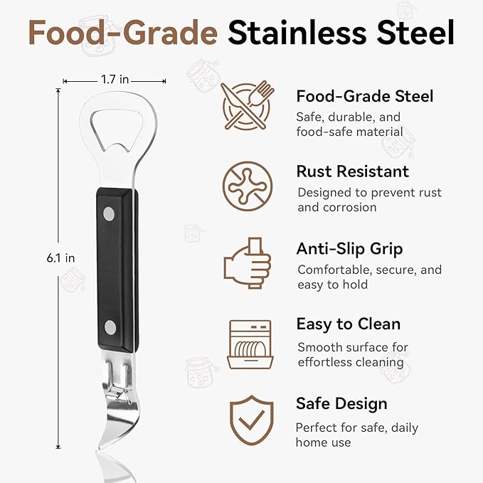 2-in-1 Can Punch Opener & Bottle Opener, Stainless Steel, Non-Slip Handle, Compact 6.1", For Traditional Cans (No Pull-Tab) & Pry-Off Bottle Caps