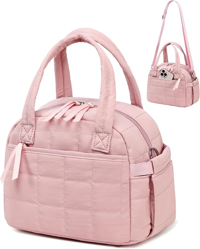 LEDAOU Lunch Box for Women Lunch bag Quilted Puffer Lunch Box with Adjustable Strap Insulated Reusable LunchBox for Work School Picnic Travel (Pink)
