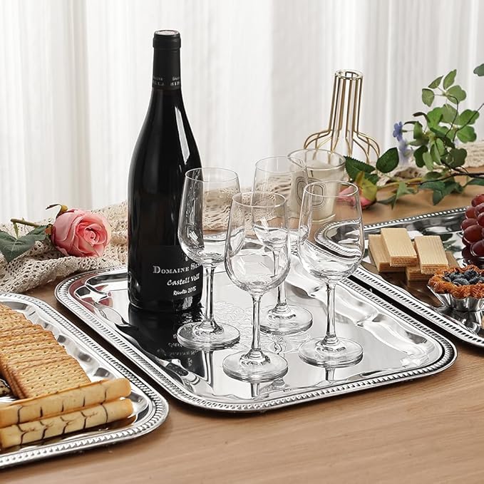 4-Pack 15.7" x 11.8" Silver Serving Trays for Party Set - Floral Engraved Serving Platters, Wedding Birthday Mirror Tray for Easter, Food, Appetizer, Charcuterie, Cookies, Desserts