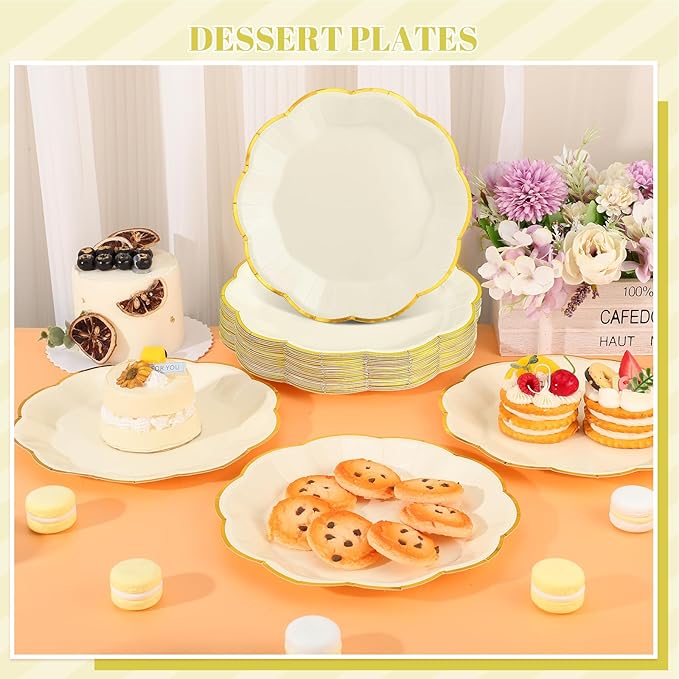 30 Pcs White and Gold Paper Plates, 9 Inch Cream Paper Plates Ivory Plate with Gold Trim Scalloped Wedding Plate for Baby Shower, Wedding, Birthday, Tea Party