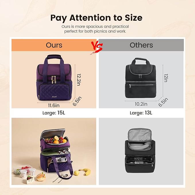 LOVEVOOK Insulated Lunch Bag For Women,Large Double Deck Adult Lunch Box,Teacher Lunch Tote Bag With Cup Holder,Leakproof Cooler Bag With Adjustable Shoulder Strap For Work Picnic Beach,Larger 15L