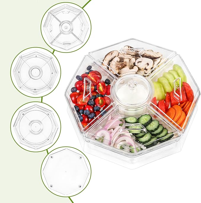 IVYHOME Ice Serving Lazy Susan, Chilled Food Containers with 4 Removable Dishes and Smooth Rotating Tray, Condiment Server with Separate Lids, for Bar Accessories, Fruit, Salad, Taco, Party Garnish