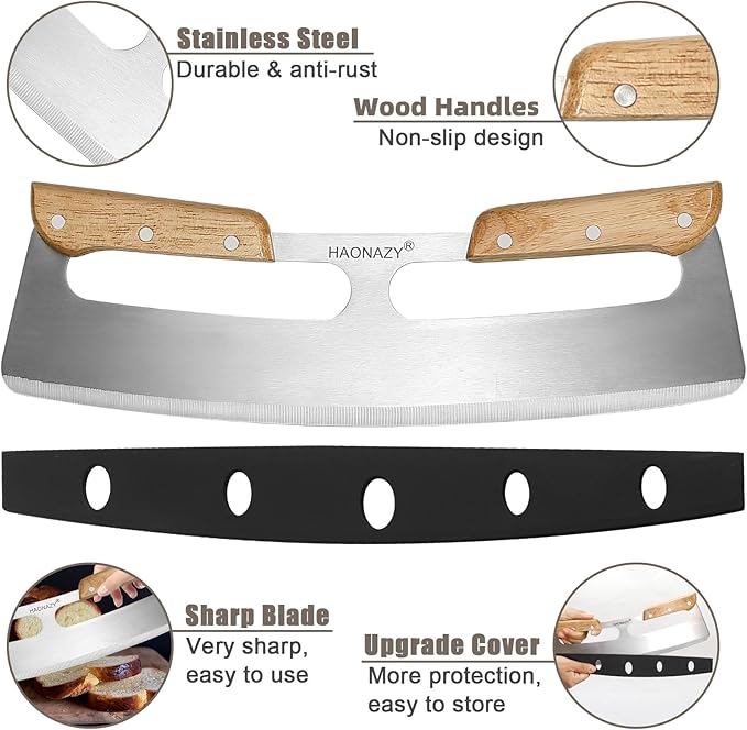 Sharp Pizza Cutter Rocker 14 inch with Double Handles and Protective Cover, Good for Kitchen Dining Room