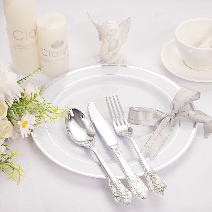 WDF 120PCS Silver Plastic Silverware - Heavy Duty Silver Plastic Cutlery Set - 40 Forks, 40 Spoons, 40 Knives, Perfect for Parties Weeding Baby Shower Spring