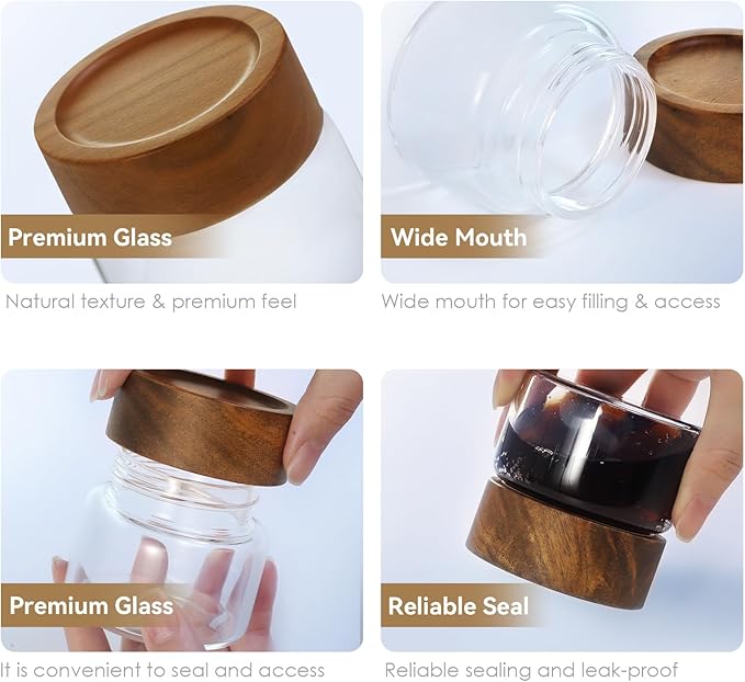 2-Pack 4 fl oz Leakproof Mason Jars with Airtight Acacia Wood Lids - Small Glass Food Storage Containers for Overnight Oats, Spices, Snacks, Kitchen Pantry Organization
