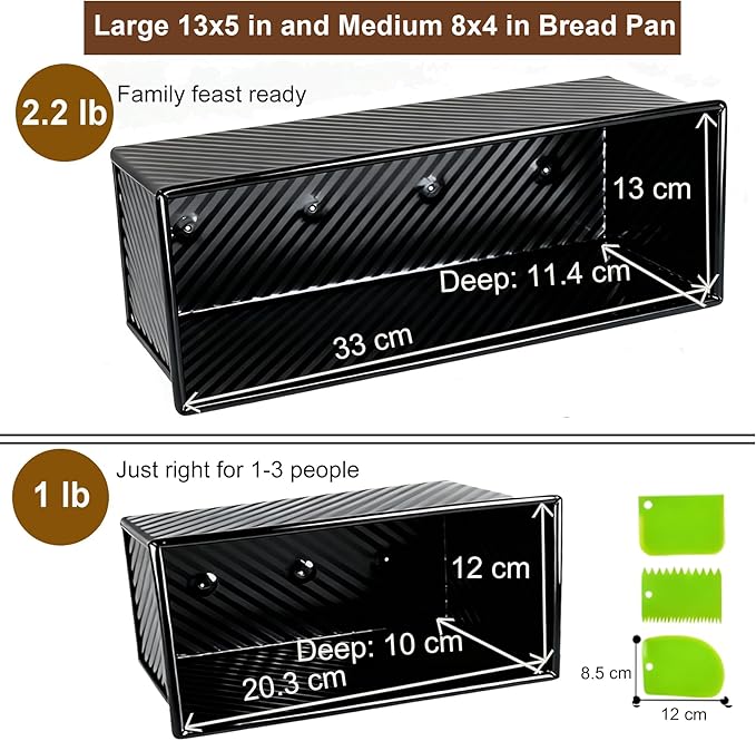 Black Pullman Loaf Pan with Lid, 13x5 Inch Aluminized Steel Pullman Bread Pan with Cover, 2.2LB & 1LB Dough Capacity, 2 Pack Sandwiches Bread Loaf Pan Nonstick, for Sourdough and Toast