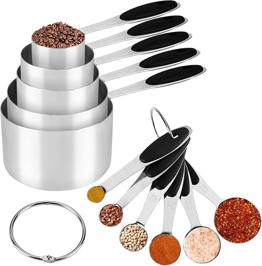 Accmor 11 Piece Metal Measuring Spoons Cups Set, Premium Stainless Steel Stackable Tablespoons Measurement kit, Kitchen Gadgets Cups and Spoon for Dry Liquid Ingredients Cooking Baking (Black Handle)