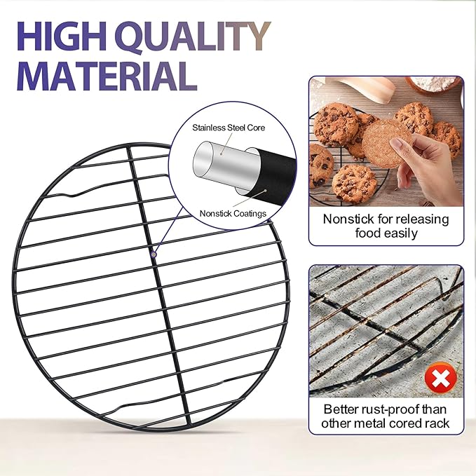 P&P CHEF 7½ Inch Cooking Rack Round, Stainless Steel Round Rack for Cooking Cooling Steaming Baking, Fit Air Fryer Pot Pressure Cooker, 2 Pack -Oven Safe, Black