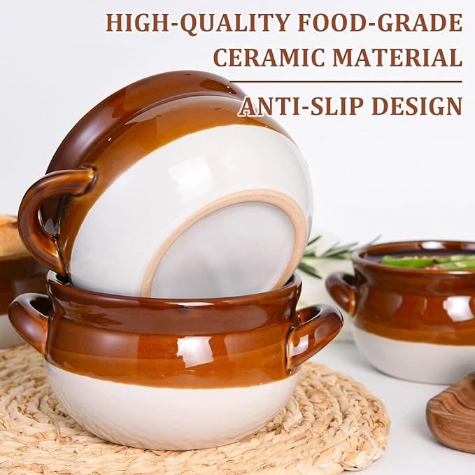 French Onion Soup Bowls with Handles, 28 oz Ceramic Soup Crocks Oven Proof Soup Bowls for Chilli, Cereal, Pot Pies - French Onion Soup Crocks, Oven, Broil & Dishwasher Safe, Set of 4