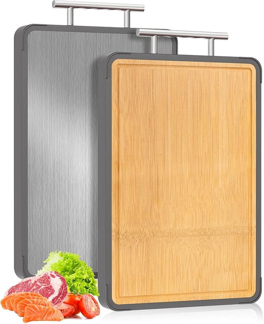 Double-Sided Titanium & Bamboo Cutting Board, Non-Slip Kitchen Board with Handle for Meat, Veggies, Fruit & Everyday Prep, Easy to Clean (16×11)