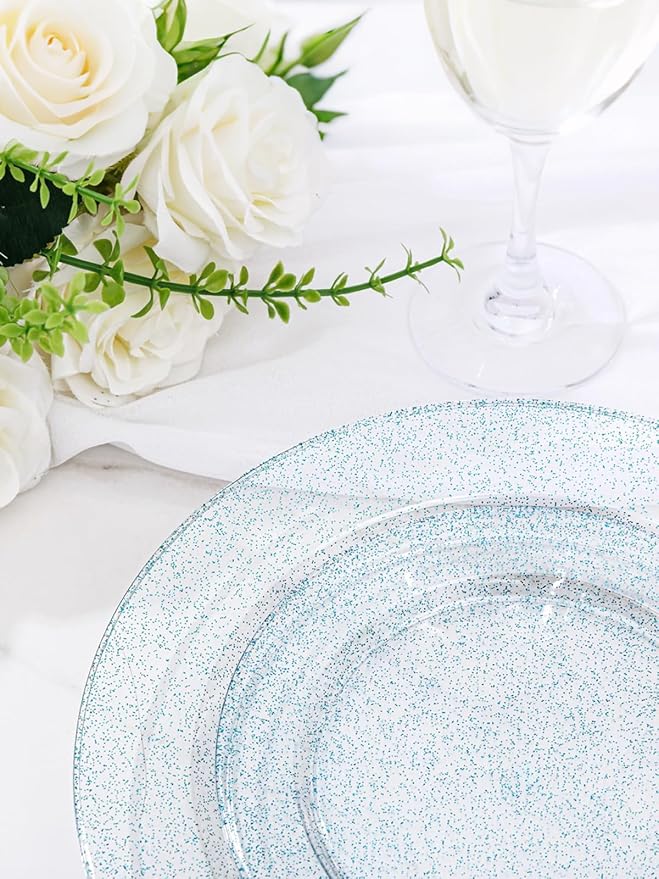 WDF 200PCS Blue Plastic Plates - Blue Glitter Plastic Plates - Heavy Duty Disposable Plates - Include 100 Dinner Plates 10" and 100 Dessert Plates 7" for Parties/Wedding/Graduation/Easter