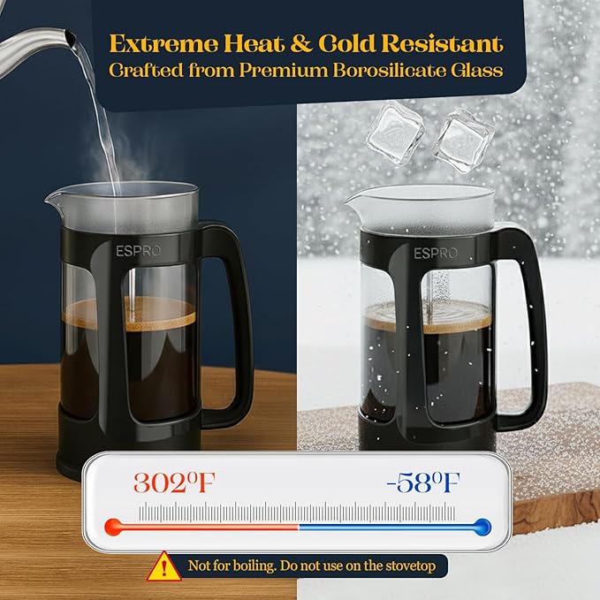 ESPRO P3 French Press Coffee Maker – Patented Double Micro-Filter for Grit-Free Brew, Heat Resistant thicker Borosilicate Glass Coffee press – (Black 32 oz)