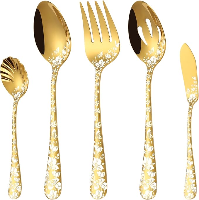 Stapava Serving Utensils, Gold 5-Piece Large Hostess Set, Stainless Steel Flatware Serving Set, Ideal for Buffet Catering Party, Mirror Polished, Dishwasher Safe