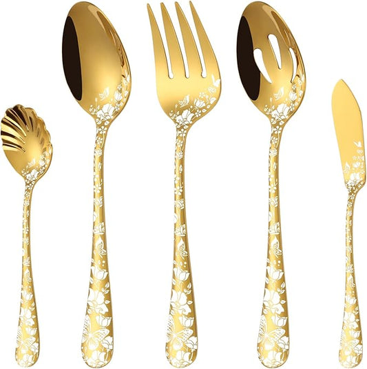 Stapava Serving Utensils, Gold 5-Piece Large Hostess Set, Stainless Steel Flatware Serving Set, Ideal for Buffet Catering Party, Mirror Polished, Dishwasher Safe