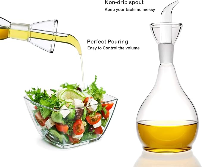 HAIZEEN 13ounce/ 380 ml Clear Glass Olive Oil Dispenser Bottle - Oil & Vinegar Cruet with Pourers and NO Funnel Needed - Olive Oil Carafe Decanter for Kitchen and BBQ