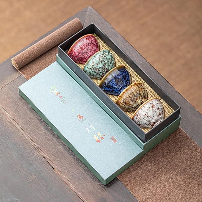 5Pcs Ceramic Tea Cup Set, 4oz Chinese Tea Cups with Designed Gift Box - 5 Stylish Colors
