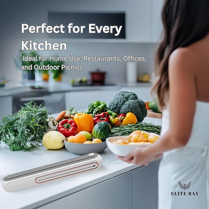 Food Plastic Wrap Dispenser with Sliding Cutter – Refillable ABS Wrap Cutter for Kitchen Use | Includes 80cm Plastic Wrap Roll | Compact, Safe & Easy to Use | Space-Saving Design in White.