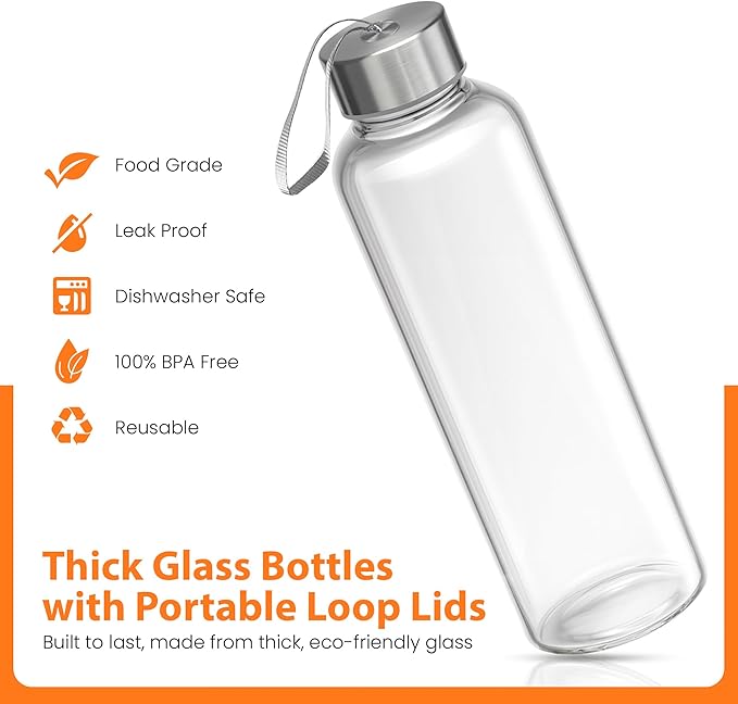 Epica glass bottles with lids – 18oz glass water bottles, reusable juice bottle with lids for storing juices, reusable water bottle durable set of 6 with Carrying Loop Caps
