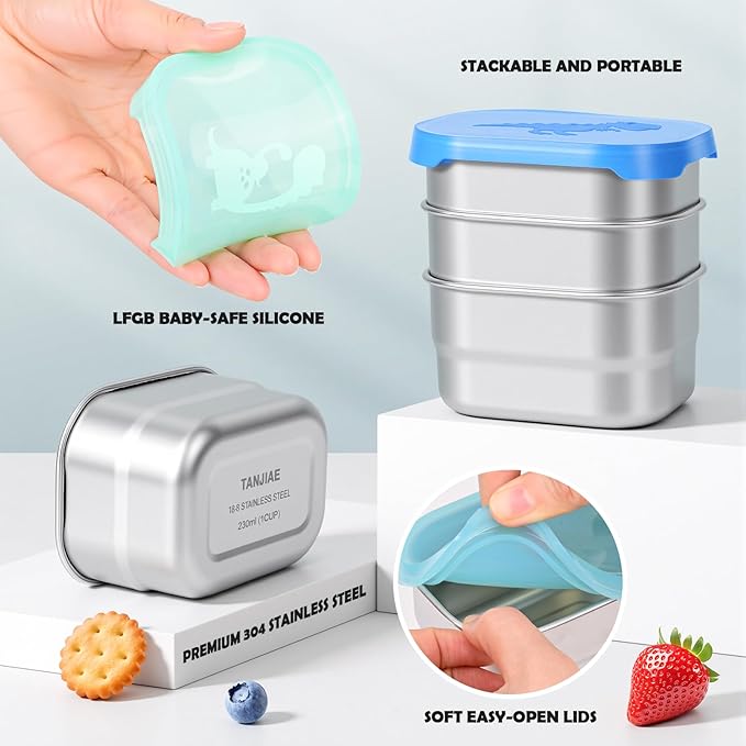 3×8oz Small Stainless Steel Snack Containers for Kids & Toddlers - 230mL Leakproof Food Containers with Cute Dino Lids | LFGB Certified, Stackable Metal Snack Box for Daycare, School, Travel