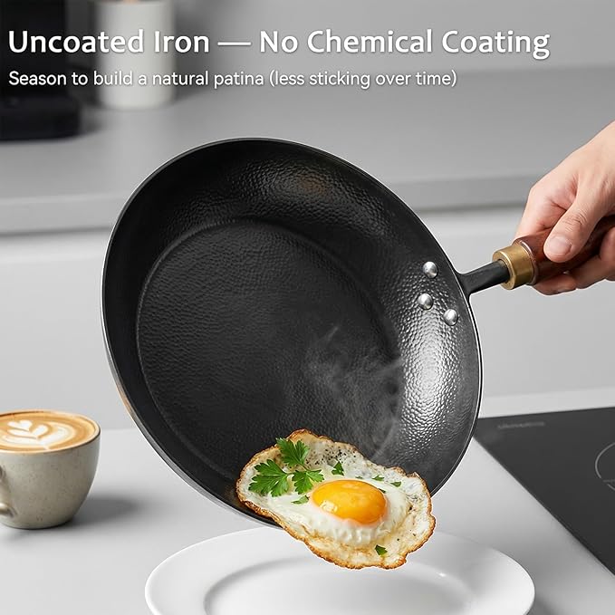 WANGYUANJI 10.2" Iron Skillet with Glass Lid & Spatula, Flat-Bottom Hand-Hammered Frying Pan, Uncoated & Unseasoned Small Iron Wok for Induction, Gas & Electric Stoves