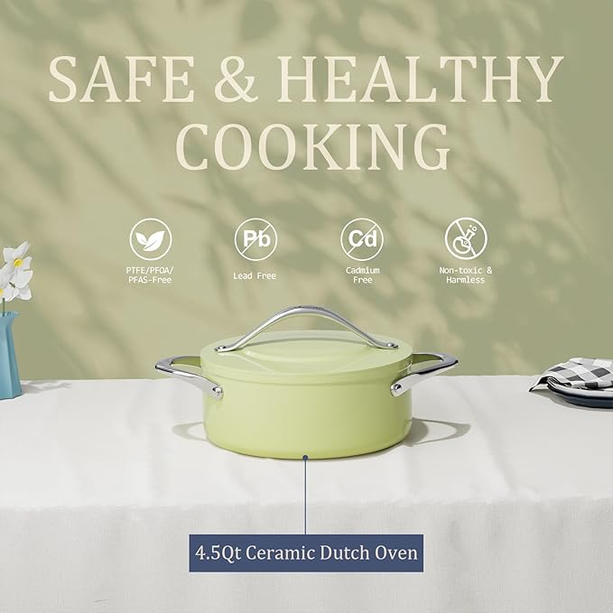 4.5qt Ceramic Dutch Oven Pot with Lid (9.5"x 4") Nonstick Ceramic Coated Low Stock Pot, PFAS-Free, Lightweight, Quick Heat Distribution, Non stick for Braising, Baking Bread & Soups, Compatible for All Cooktops(Induction/Gas/Electric) Oven Safe to 500°...