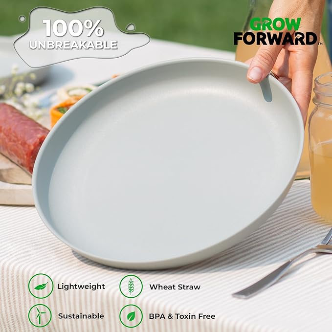 Grow Forward Premium Wheat Straw Plates - 10 Inch Reusable Hard Plastic Dinner Plates Set of 8 - Unbreakable Microwave Safe Plates for Dessert, Camping, RV, Outdoors, Patio, Kitchen Dishes - Feather