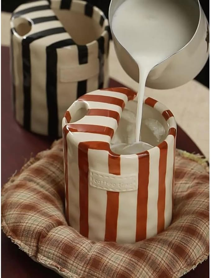 Ceramic Coffee 10oz Mug Hand-Painted Espresso Cup，Retro Ceramic Travel Mug For Kitchen, Dining-Green，Microwave Safe (Black Stripes)