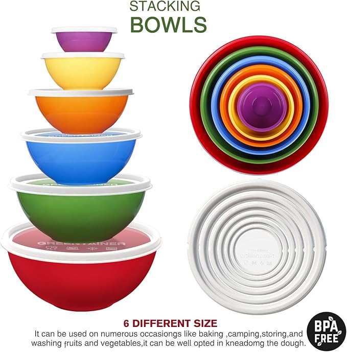 6-Piece Plastic Mixing Bowls Set with Airtight Lids, Nesting Bowls for Space Saving, TPR Sealed & PP5 Leak-Proof Lids, for Baking, Prepping & Serving, Dishwasher Safe (Red)