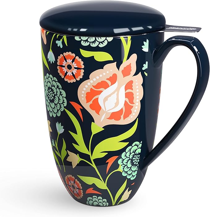 Tea Cup with Infuser and Lid Tea Mug with Lid Teaware with Filter Large Capacity 16OZ, Navy blue