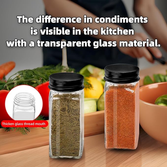 2Pcs 4oz Glass Spice Jars with Shaker Lids, Spice Jars Trial Set & Supplement Set, Empty Spice Containers and Square Spice Bottles for Kitchen (black iron Lids)