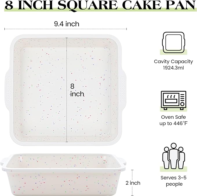 8x8 inch Silicone Square Cake Pan with Metal Reinforced Frame, Nonstick Brownie Pan for Baking, BPA Free Set of 2 (Cream)