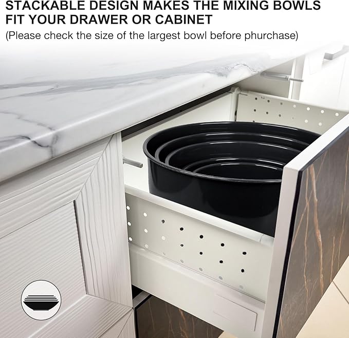 Plastic Mixing Bowls with Lids Set for Kitchen, Nesting Bowls for Mixing, Baking, Prepping, Cooking and Serving Food, Mixing Bowls Dishwasher, Microwave Safe (Black)