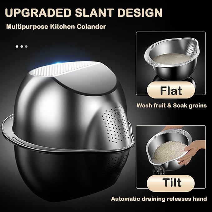 Rice Washer Strainer Bowl with Grater, Multipurse Stainless Steel Rice Colander with Side Drainer for Cleaning Quinoa, Fruits, Vegetables, Bean Versatile Kitchen Tool