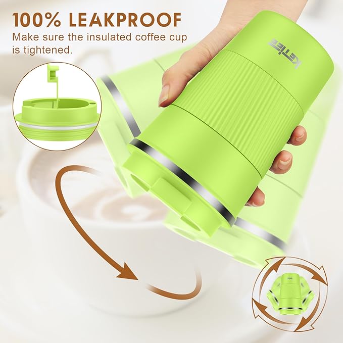 KETIEE Coffee Mug 12oz, Insulated Travel Mug with Leakproof Lid, Double Wall Vacuum Travel Coffee Mug Stainless Steel Reusable Coffee Cup for Hot and Iced Coffee Tea Water (Green)