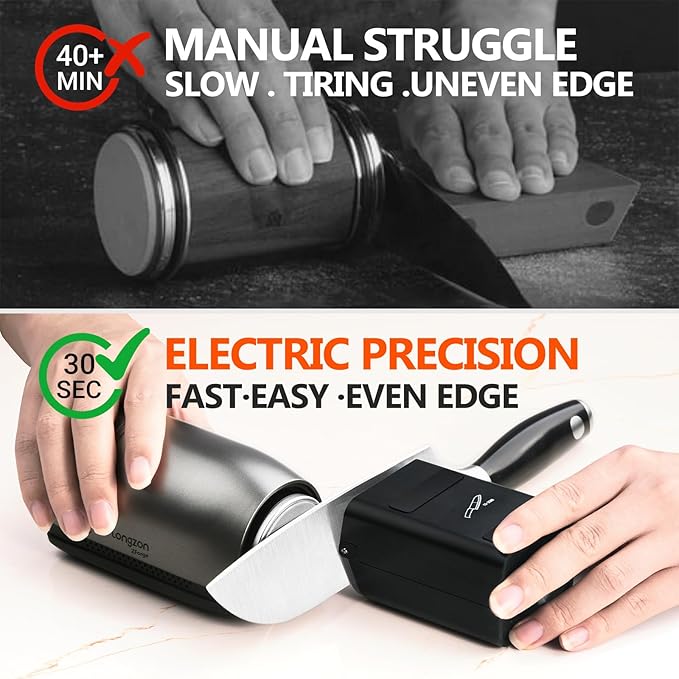 Longzon ZForge V2 Electric Rolling Knife Sharpener Adjustable 10°–25° Magnetic Angles, Fast & Easy Sharpening Kit with 4-Stage Diamonds & Ceramic Discs and 3000mAh Battery for All Kitchen Knife Sets